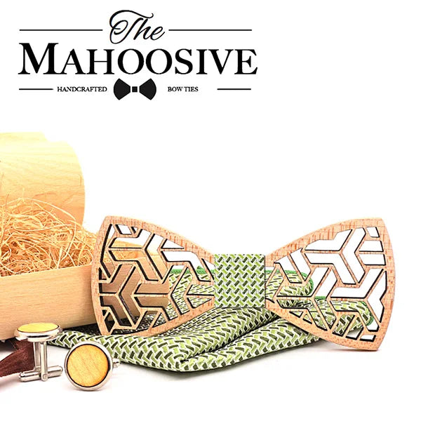 MAHOOSIVE Pocket Square Handkerchiefs Wood Bowtie Cufflinks Set
