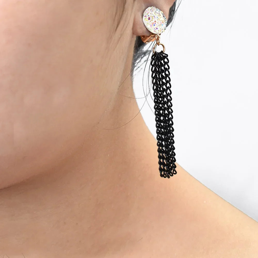 Women Metal Black Long Tassel Chain Earrings No