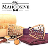 MAHOOSIVE Pocket Square Handkerchiefs Wood Bowtie Cufflinks Set
