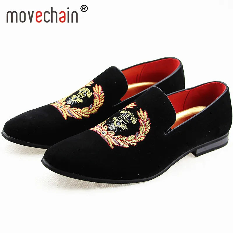 movechain Men's Suede Leather Loafers Mens Casual Embroidery