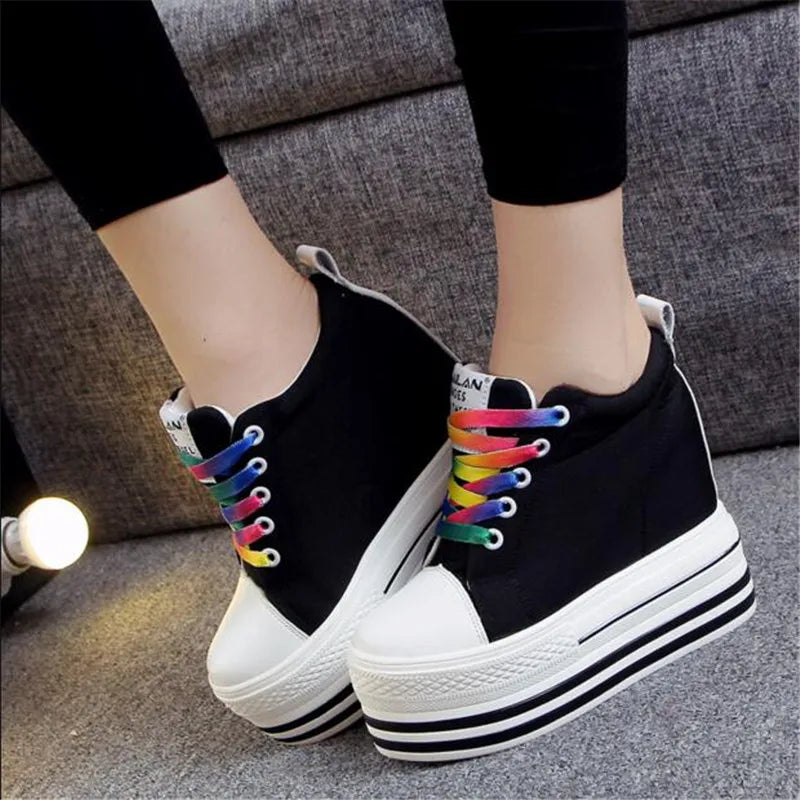 2023 Women's High Platform Wedge Canvas Sneakers – 12CM Hidden Heels