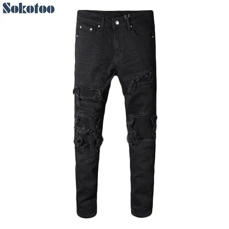 Sokotoo Men's black patchwork stretch denim biker jeans