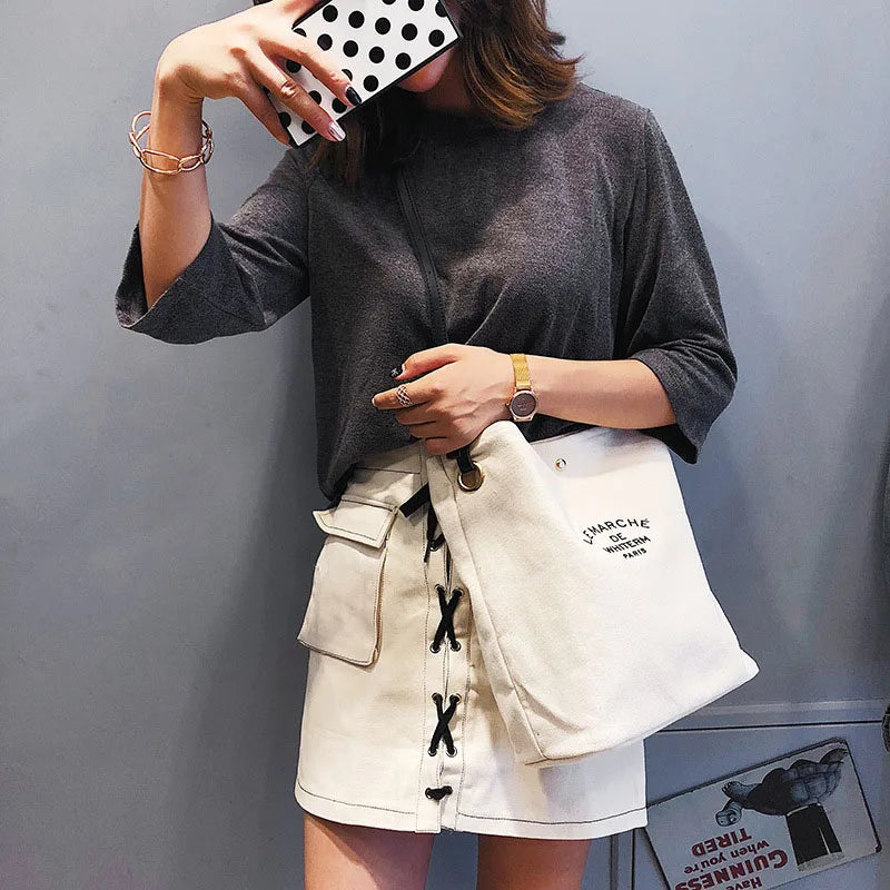 Women Casual Canvas Shoulder Bags PU Leather Strap