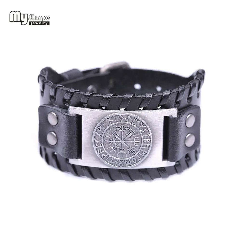 My Shape Wiccan Compass Bracelets Bangles for Men Nordic Runes Odin Symbol Wrap Genuine Leather Bracelet Men‘s Viking Jewelry