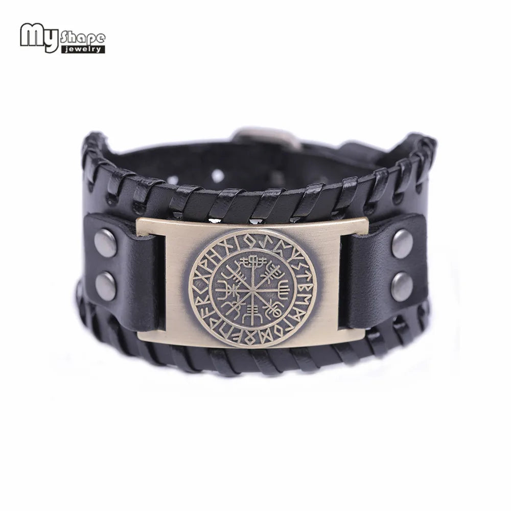 My Shape Wiccan Compass Bracelets Bangles for Men Nordic Runes Odin Symbol Wrap Genuine Leather Bracelet Men‘s Viking Jewelry