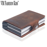 VM FASHION KISS Crazy Horse Leather Mini RFID Wallet Security Information Double Box Porte Carte Credit Card Holder Metal Purse