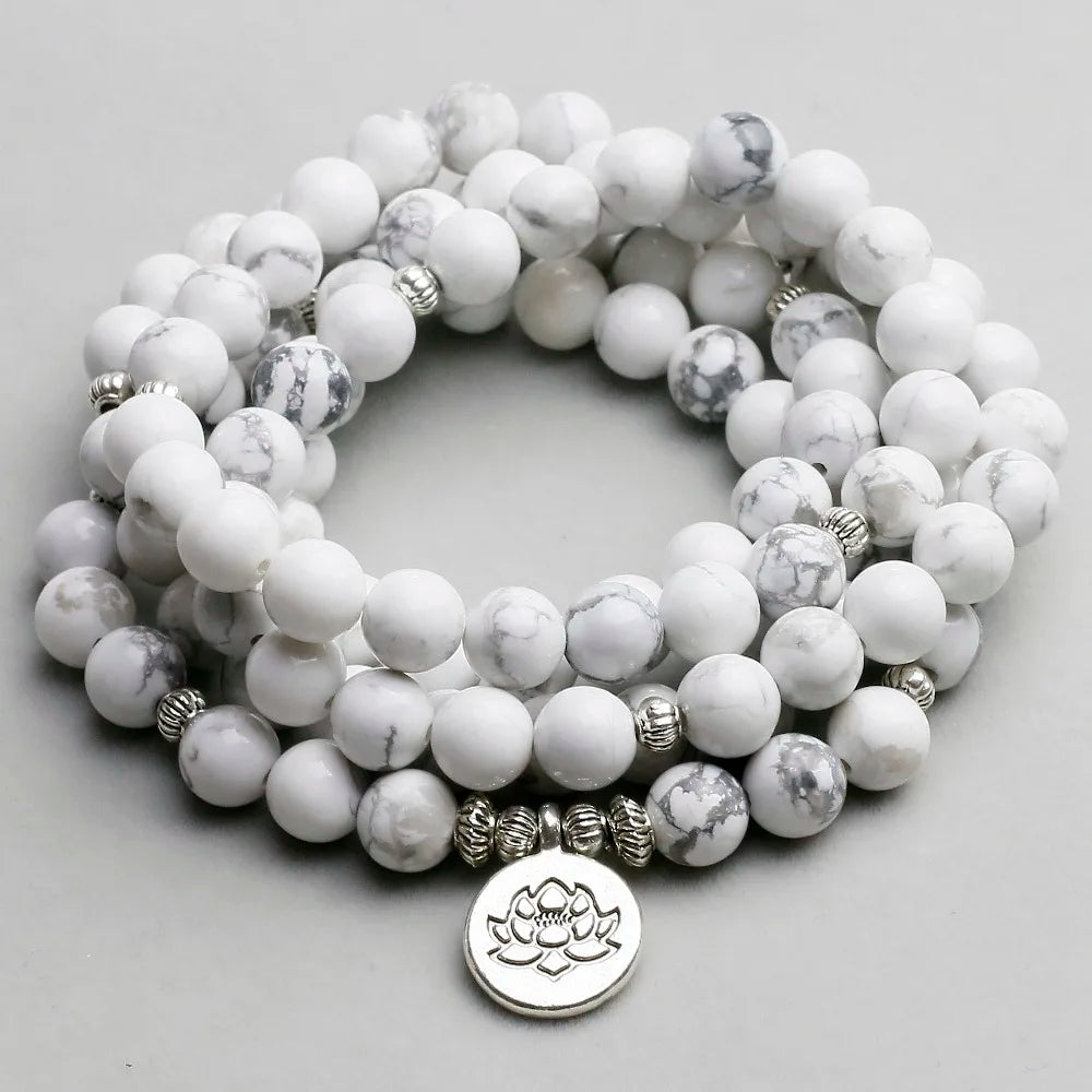 Women`s Bracelet White Howlite Beads with Lotus OM