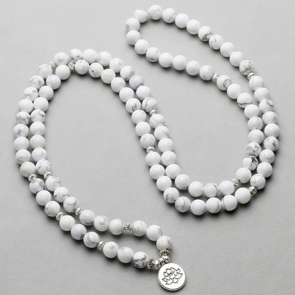 Women`s Bracelet White Howlite Beads with Lotus OM