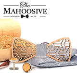 MAHOOSIVE Pocket Square Handkerchiefs Wood Bowtie Cufflinks Set