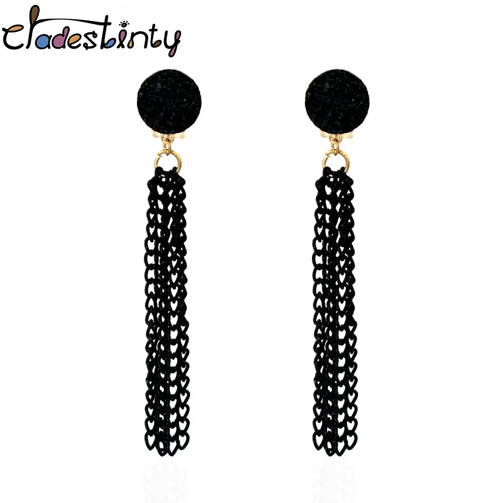 Women Metal Black Long Tassel Chain Earrings No