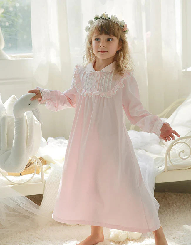 Children Girl's Lolita Pink Pajama Sets.Turndown Collar Tops+Pants.Vintage