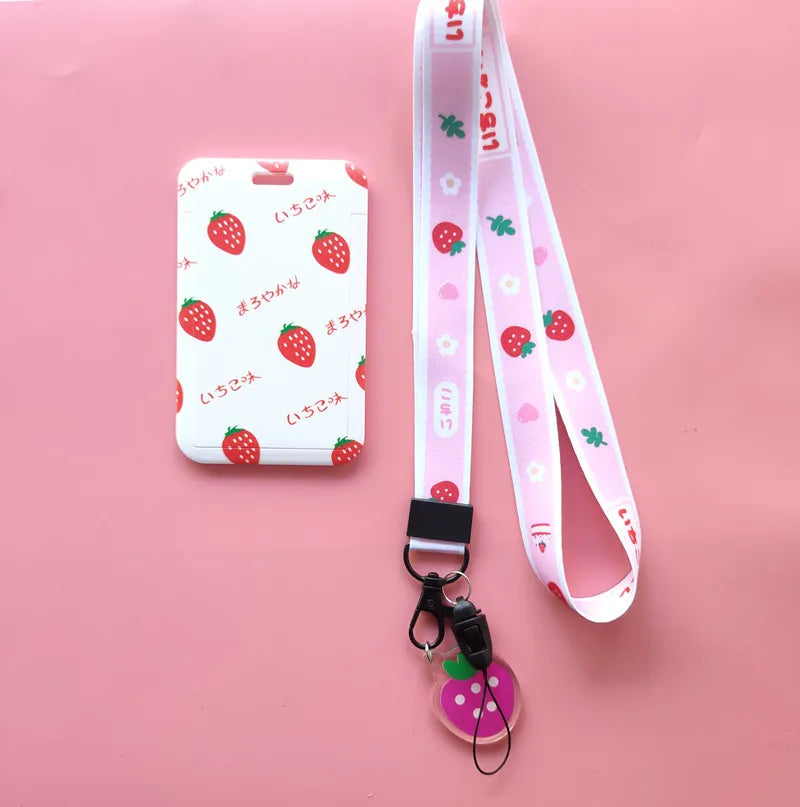 Women Men Credit Card Cover Case Fruits Avocado Strawberry Lanyard Badge ID Card Holder Neck Strap Cell Phone Neck Straps