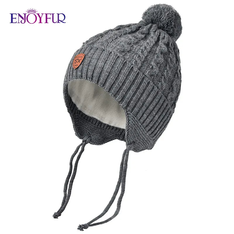 ENJOYFUR Warm Winter Baby Knitted Hats Real Fur