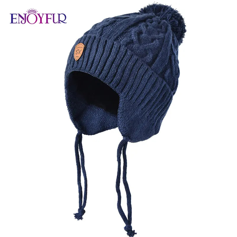 ENJOYFUR Warm Winter Baby Knitted Hats Real Fur
