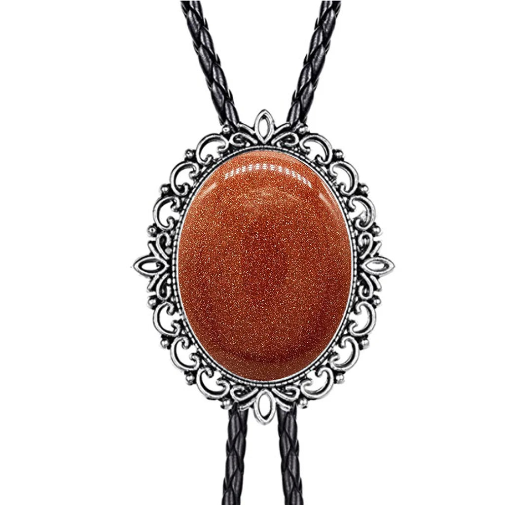 Hollow pattern emerald bolo tie leather cord necklace