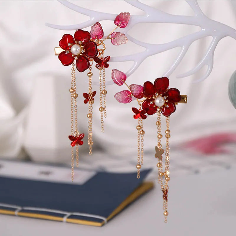 1pair Chinese Hanfu Hair Accessories Red Flower Hairpins