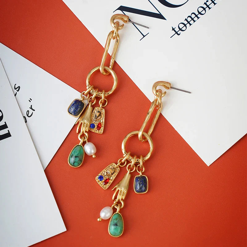 Vintage Leaves Earrings Heavy Metal Gold Studs Tassel