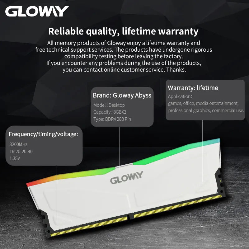 Gloway Memoria RAM DDR4 3200mhz RGB (8GBX2) 3600mhz