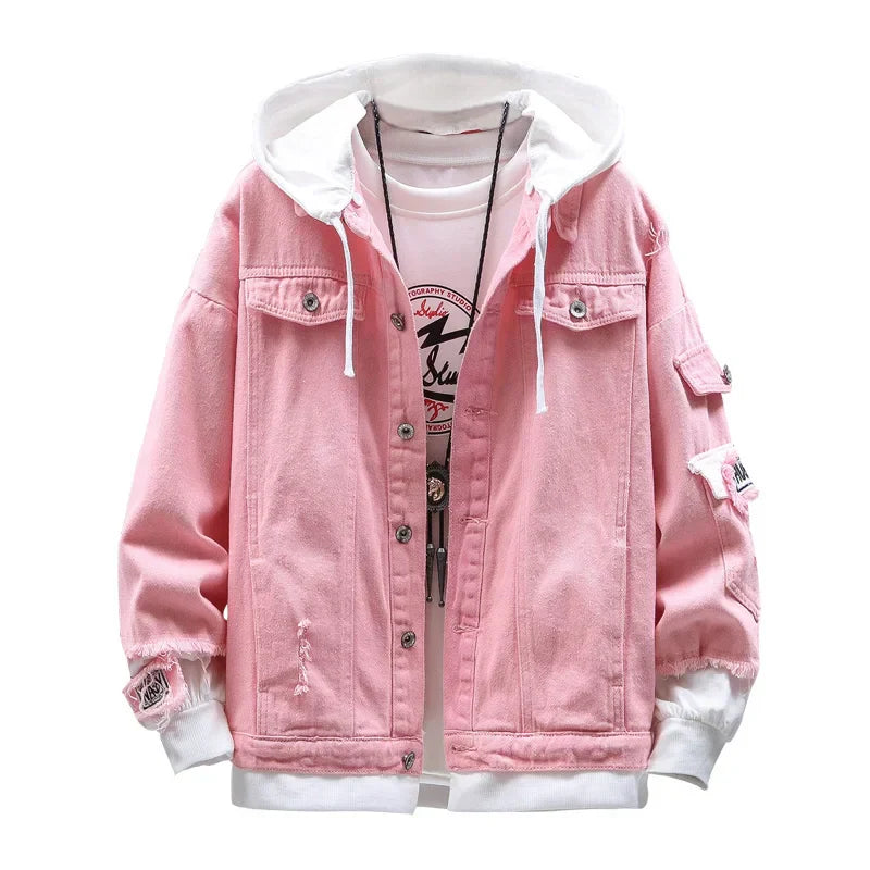 Men Autumn Hooded Men Jean Jackets Pink Cotton