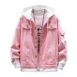 Men Autumn Hooded Men Jean Jackets Pink Cotton