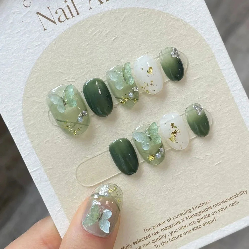 Handmade 3D Green Fairy Almond Press on Nails