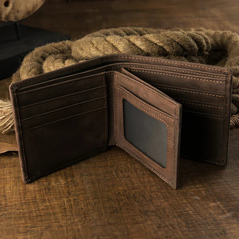 Handmade Vintage Genuine Leather Wallet Men Retro Cowhide Billfold Crazy Horse Leather Customized Card Holder Cowskin Money Clip