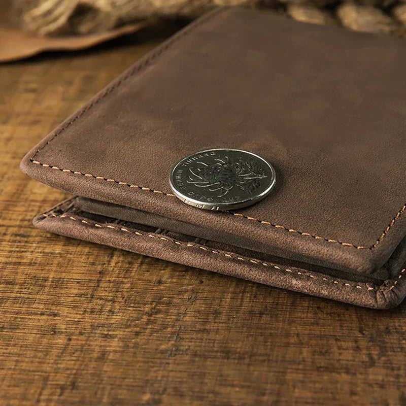 Handmade Vintage Genuine Leather Wallet Men Retro Cowhide Billfold Crazy Horse Leather Customized Card Holder Cowskin Money Clip