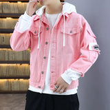 Men Autumn Hooded Men Jean Jackets Pink Cotton