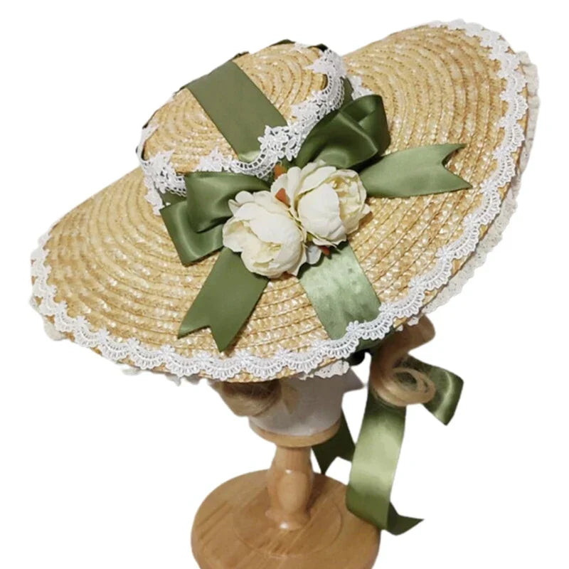 Japanese Lolita Sweet Handmade Straw Sun Hat Lace