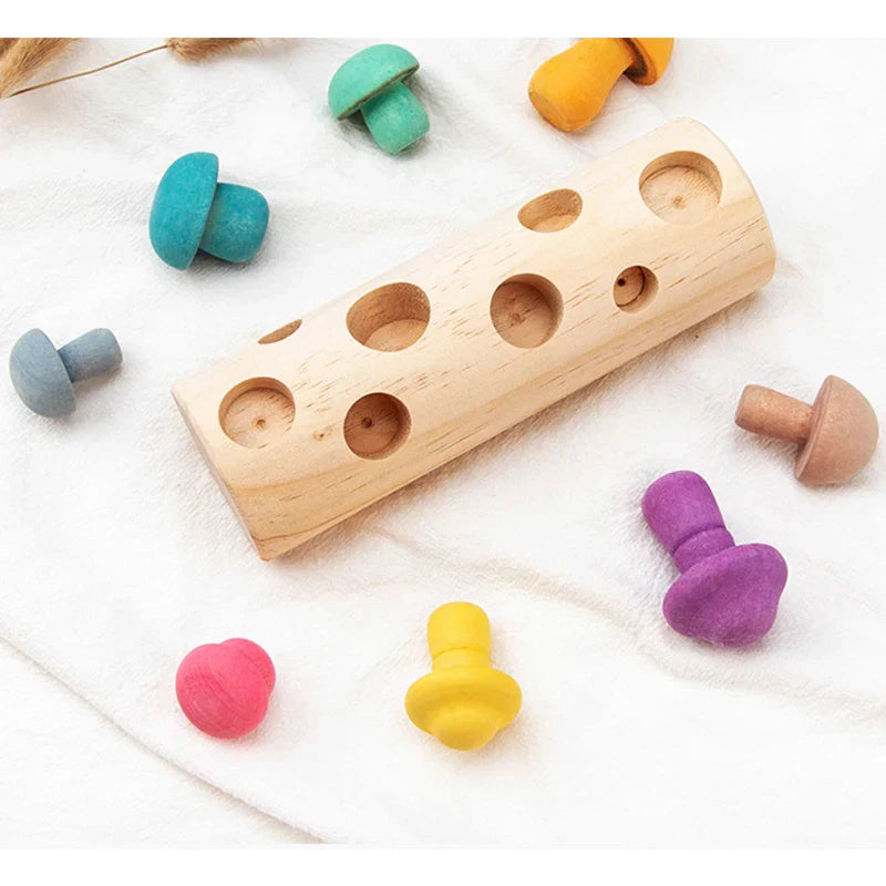 Wooden Rainbow Blocks Mushroom Picking Game Wood Baby