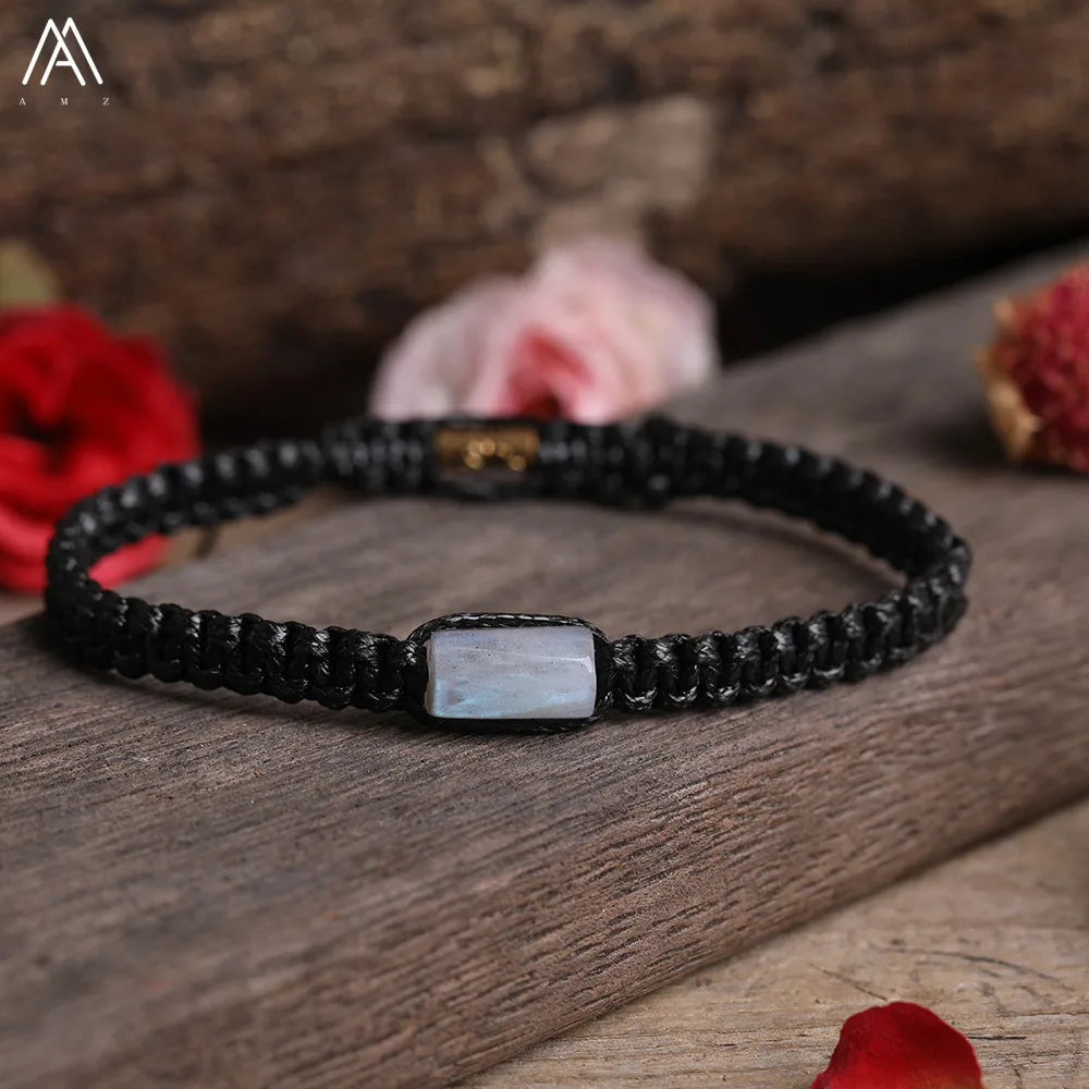Natural Black Tourmaline Single Beads Woven Adjustable Bracelet
