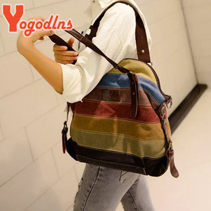 Yogodlns Canvas Totes Striped Womens Handbag New Patchwork