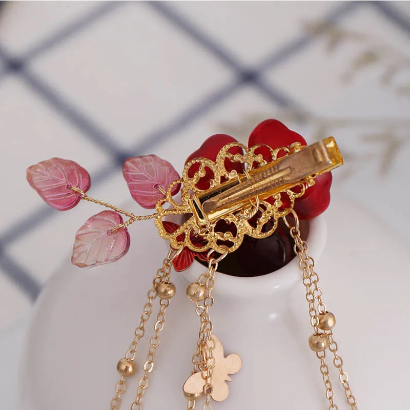 1pair Chinese Hanfu Hair Accessories Red Flower Hairpins
