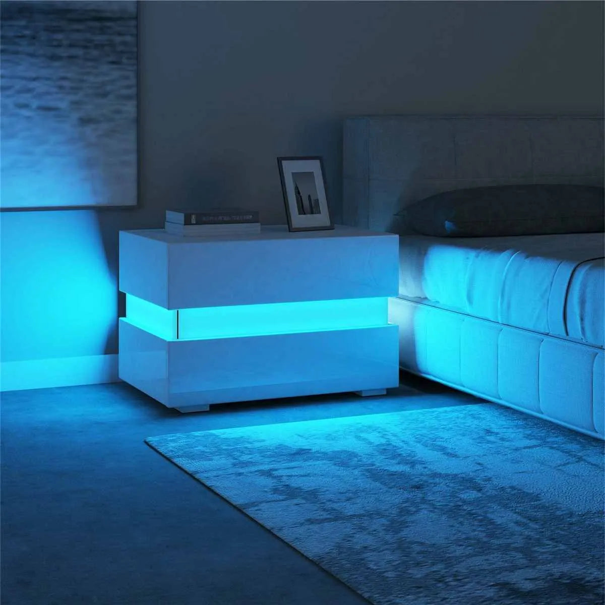 Modern Luxury LED Light Nightstand w/2 Drawers Organizer
