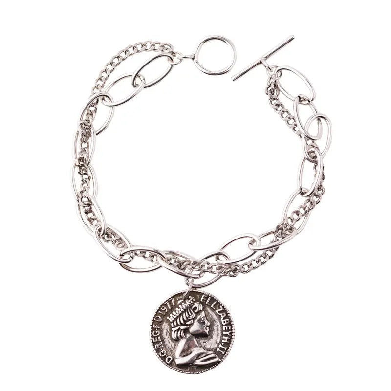 ANENJERY Silver Color Round Coin Bracelet for Women