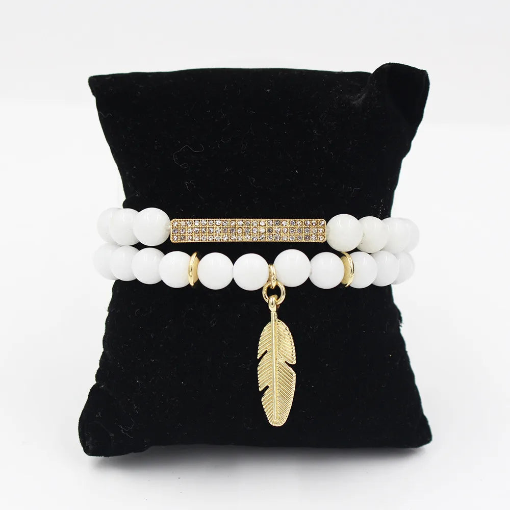 3Pcs/Sets 8MM White Stone Beads Bracelet Sets CZ