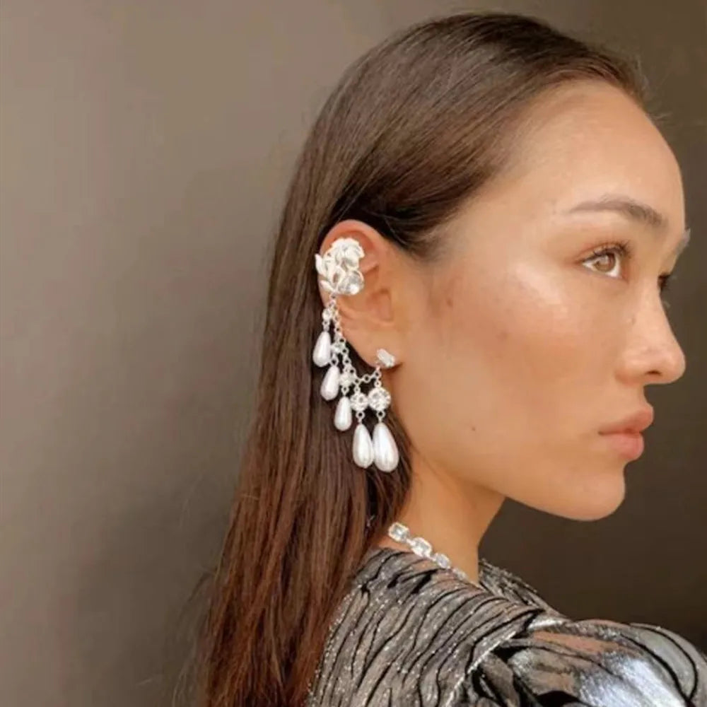 Vintage Rhinestone Pearl Tassel Chain Earrings Ear Clips