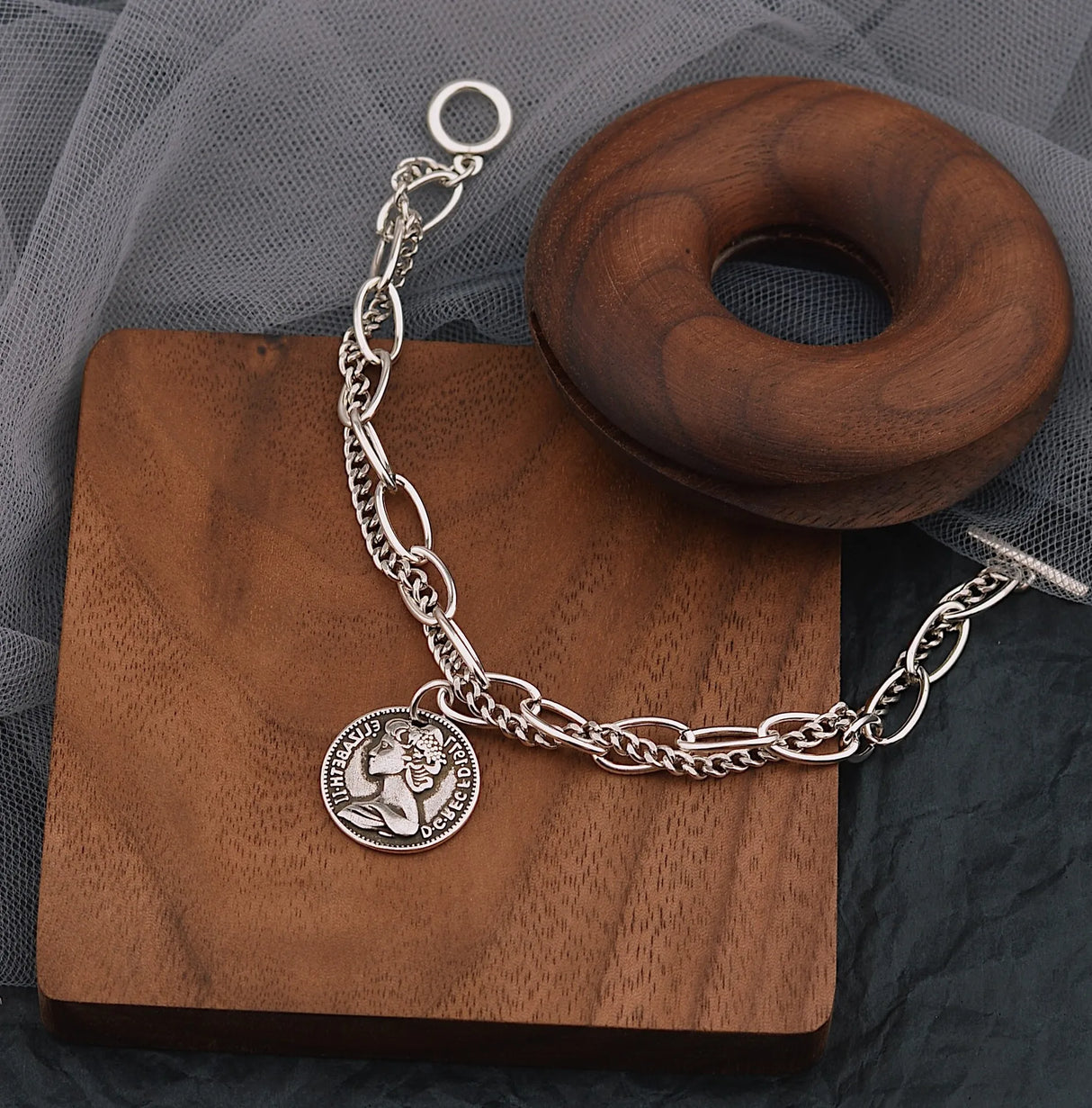 ANENJERY Silver Color Round Coin Bracelet for Women