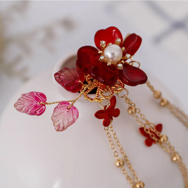 1pair Chinese Hanfu Hair Accessories Red Flower Hairpins