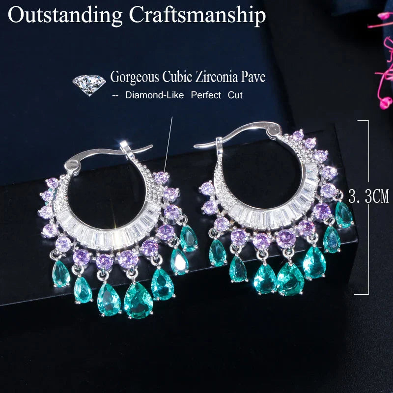 CWWZircons Brilliant CZ Crystal Green Dangling Fringed Waterdrop