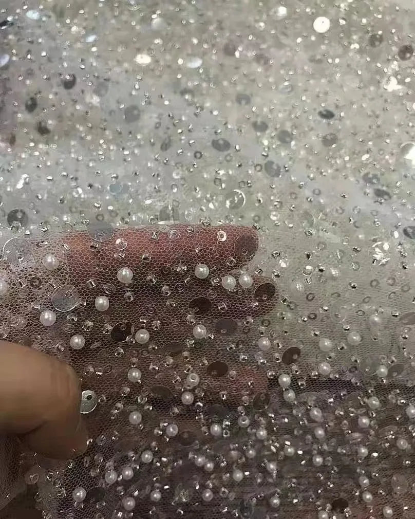 Heavy silver Sequins Lace Fabric With Bead Sequins