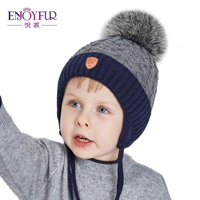 ENJOYFUR Warm Winter Baby Knitted Hats Real Fur