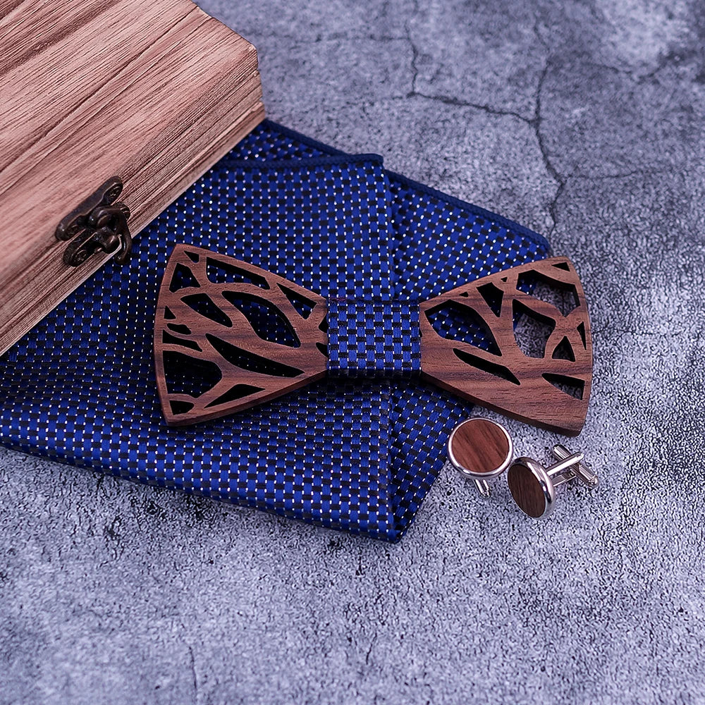 Fashion Hollow Carved Wooden Bow Tie Navy Blue