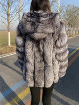 Hooded Silver Fox Fur Coat for Women, Plus