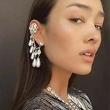 Vintage Rhinestone Pearl Tassel Chain Earrings Ear Clips