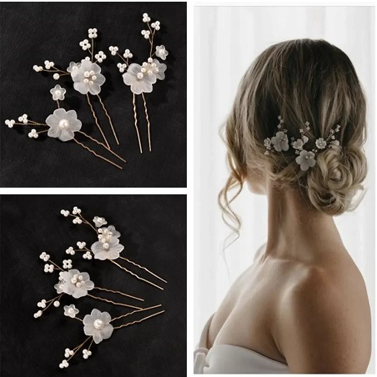 3pcs White Flower U Shaped Hairpin Pearl Elegant