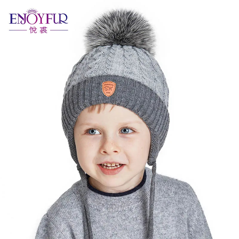 ENJOYFUR Warm Winter Baby Knitted Hats Real Fur