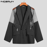 Men Blazer Mesh Patchwork See Through Streetwear Double