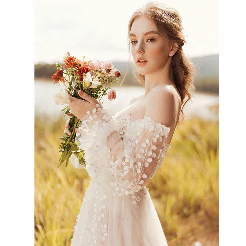 VIKTORIA A-Line Long Puff Sleeve Wedding Dress For Women 2023 Sweetheart Lacing Up Formal Bridal Gowns Appliques Robe De Soirée