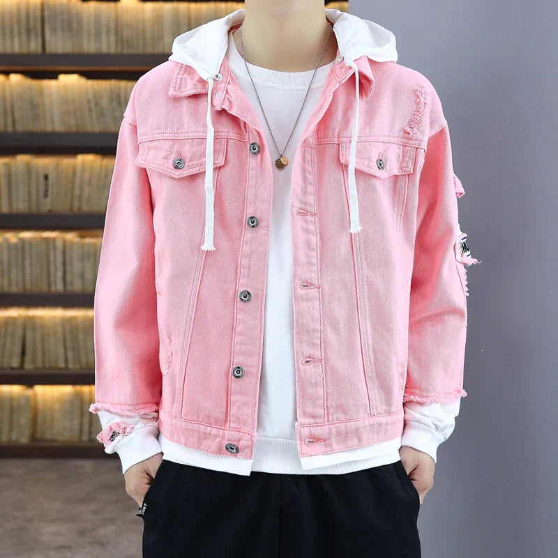 Men Autumn Hooded Men Jean Jackets Pink Cotton